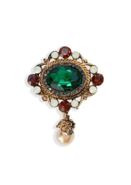 Emerald Crystal & Pearl Drop Bronze Hairclip Brooch