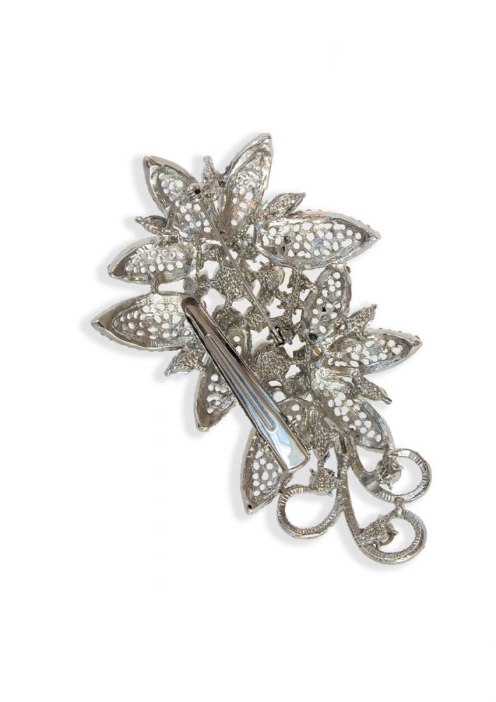1920s Inspired Silver Flower Crystal Pearl Hairclip Brooch