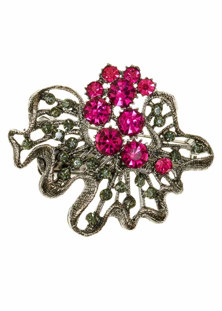 Electric Pink Crystal Bouquet Pewter Hairclip Brooch