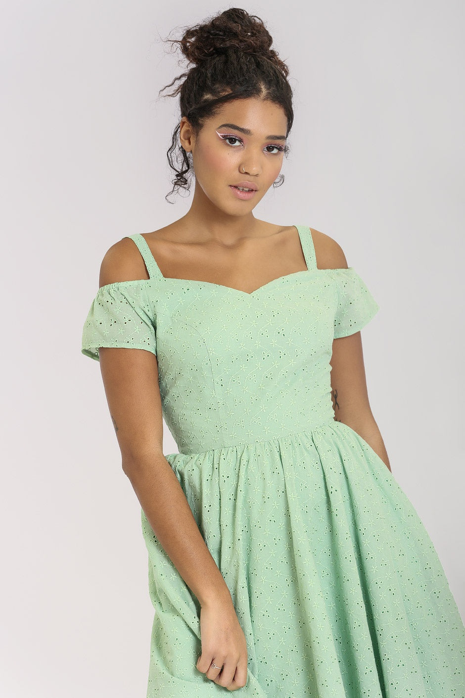 Celia Mint Anglaise Cotton 50s Inspired Gathered Swing Dress