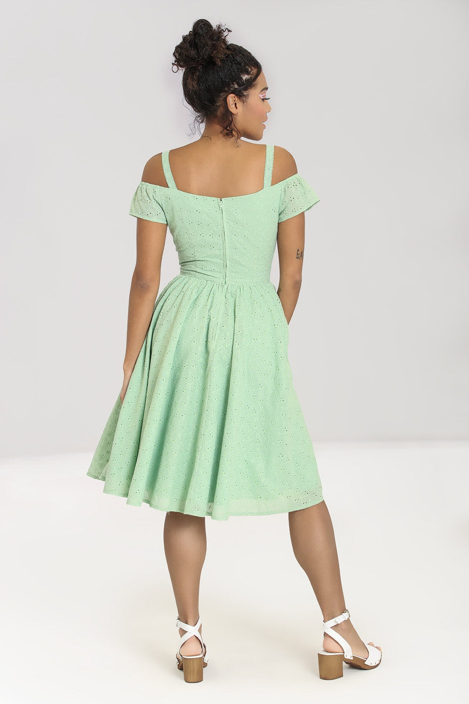 Celia Mint Anglaise Cotton 50s Inspired Gathered Swing Dress