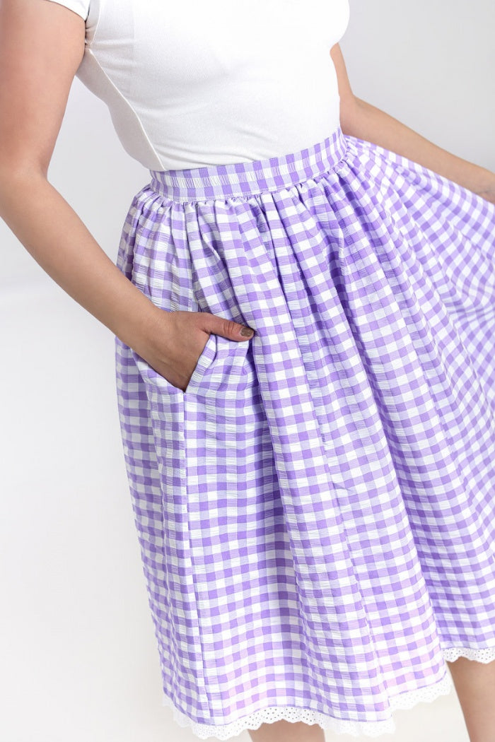 Hell Bunny BB 50s Inspired Lilac & White Gingham Gathered Skirt