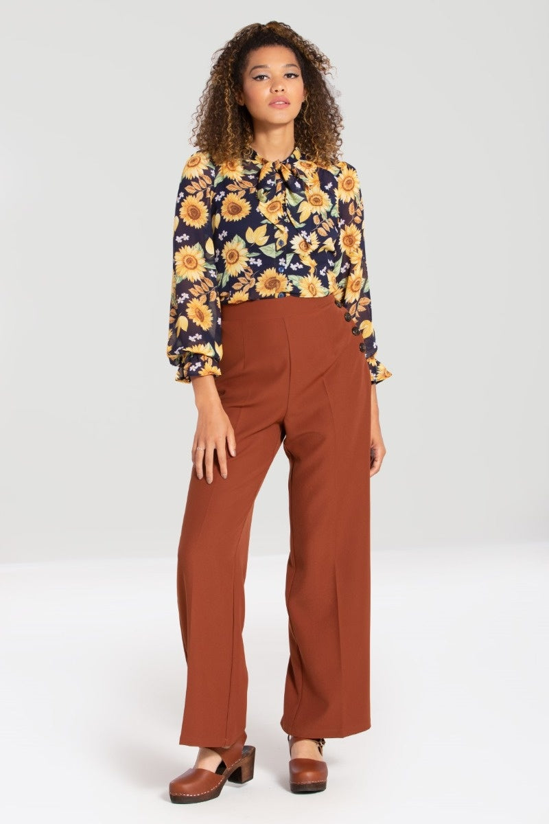 Ginger Vintage Style High Waisted Swing Trousers In Brown
