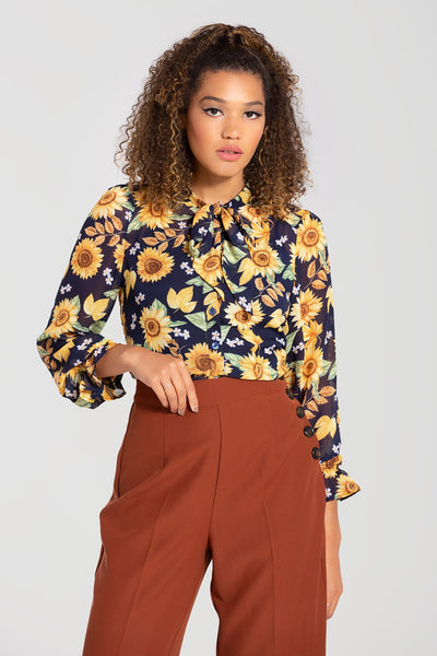 Sunflower Navy Pussy Bow Long Bishop Sleeve Chiffon Blouse
