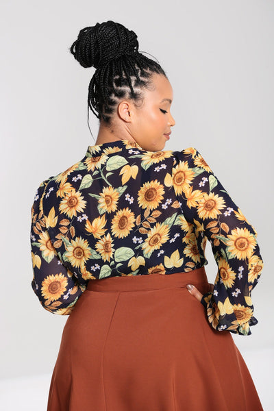 Sunflower Navy Pussy Bow Long Bishop Sleeve Chiffon Blouse