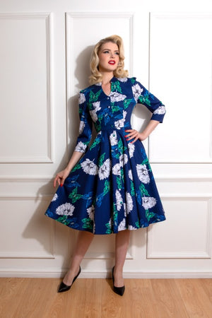 Gloria 1950s 3 Quarter Sleeve Floral Butterfly Diamanté Swing Dress