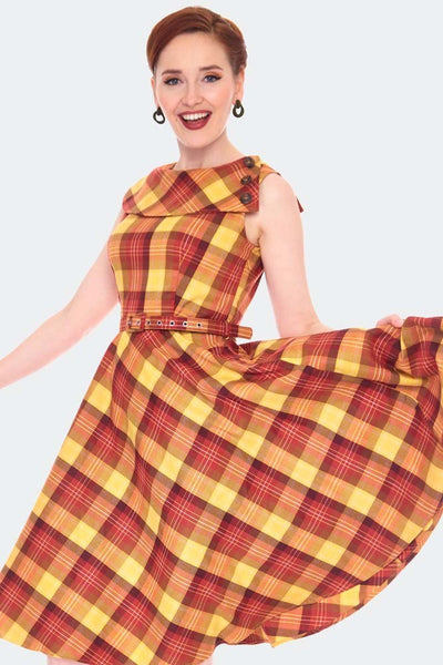 Jill Oversize Collar Autumn Tartan Sleeveless Swing Dress