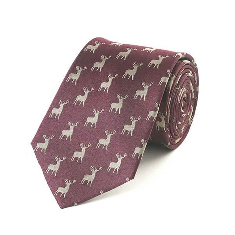 Plum Silk Tie With Gold Stags