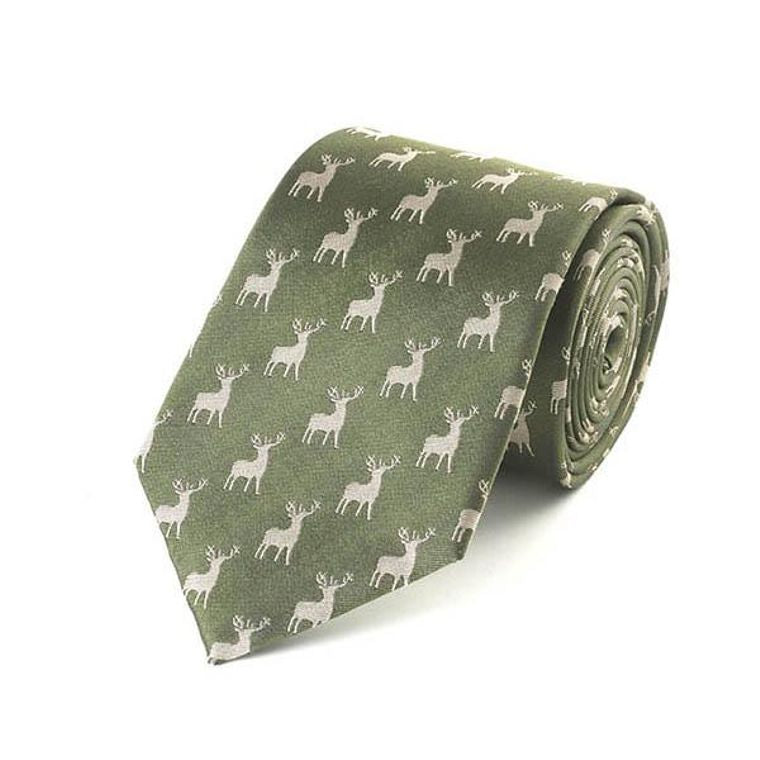 Rich Green Silk Tie With Silver Stags