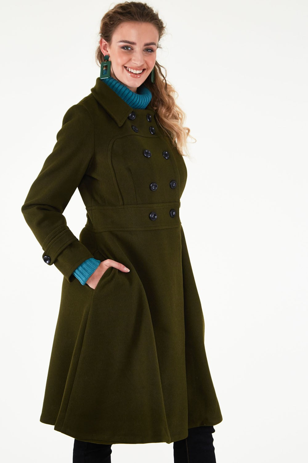 Martha 1940s Inspired Longline Dark Green Coat