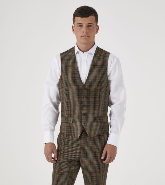 Skopes Whitaker Tweed Style Waistcoat In Lovat & Red Dogtooth