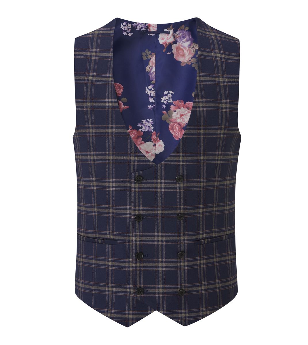 Skopes Stewart Blue & Pink Check Double Breasted Waistcoat