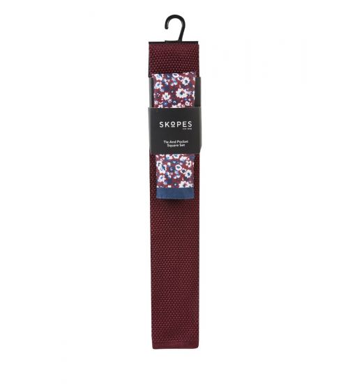 Wine Red Knitted Tie & Floral Pocket Square