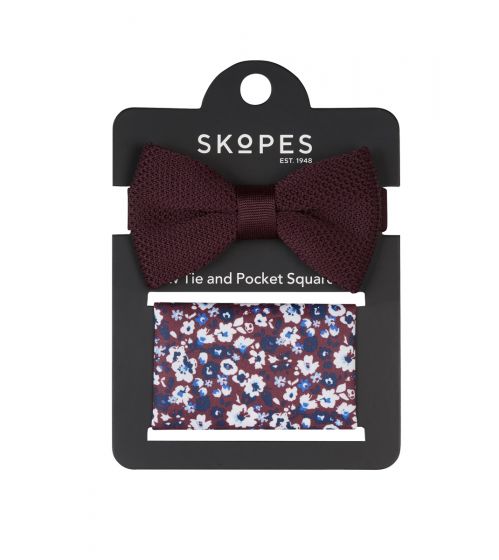 Wine Red Knitted Bow Tie & Floral Pocket Square