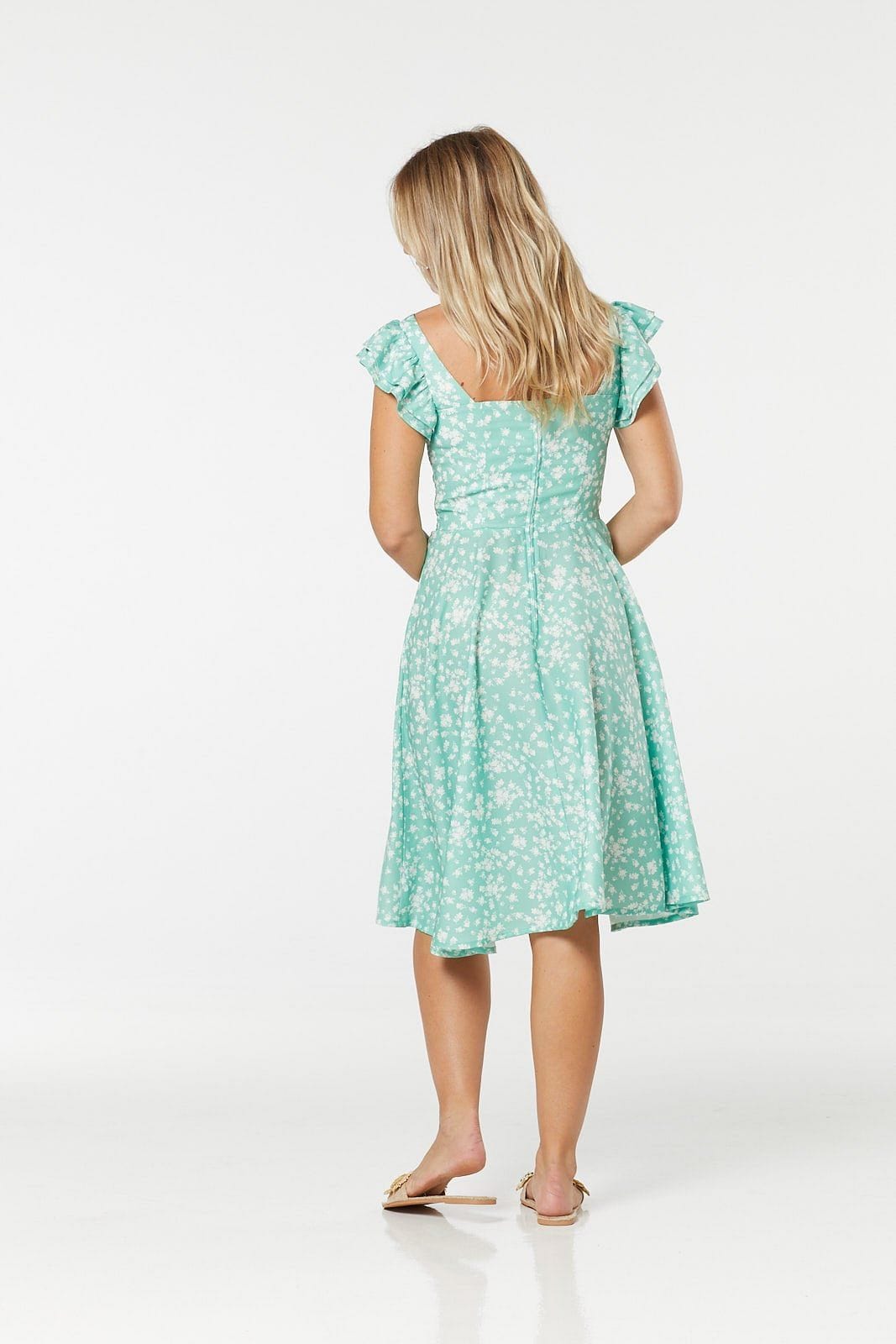 Tory 40s 50s Inspired Mint Green Floral Tea Dress With Frilly Sleeves